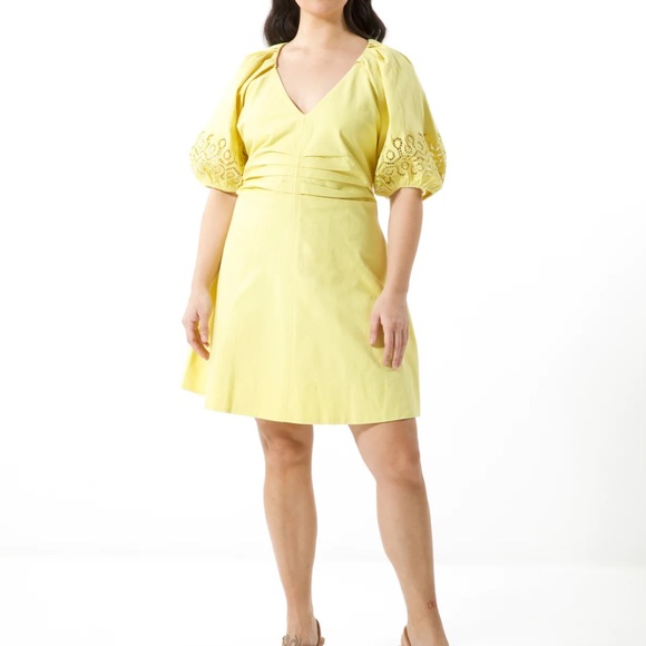 Tanya Taylor Lacey Dress in Daffodil Yellow Sz 18 NWT w/ V Neck & Puff Sleeves - Picture 1 of 16